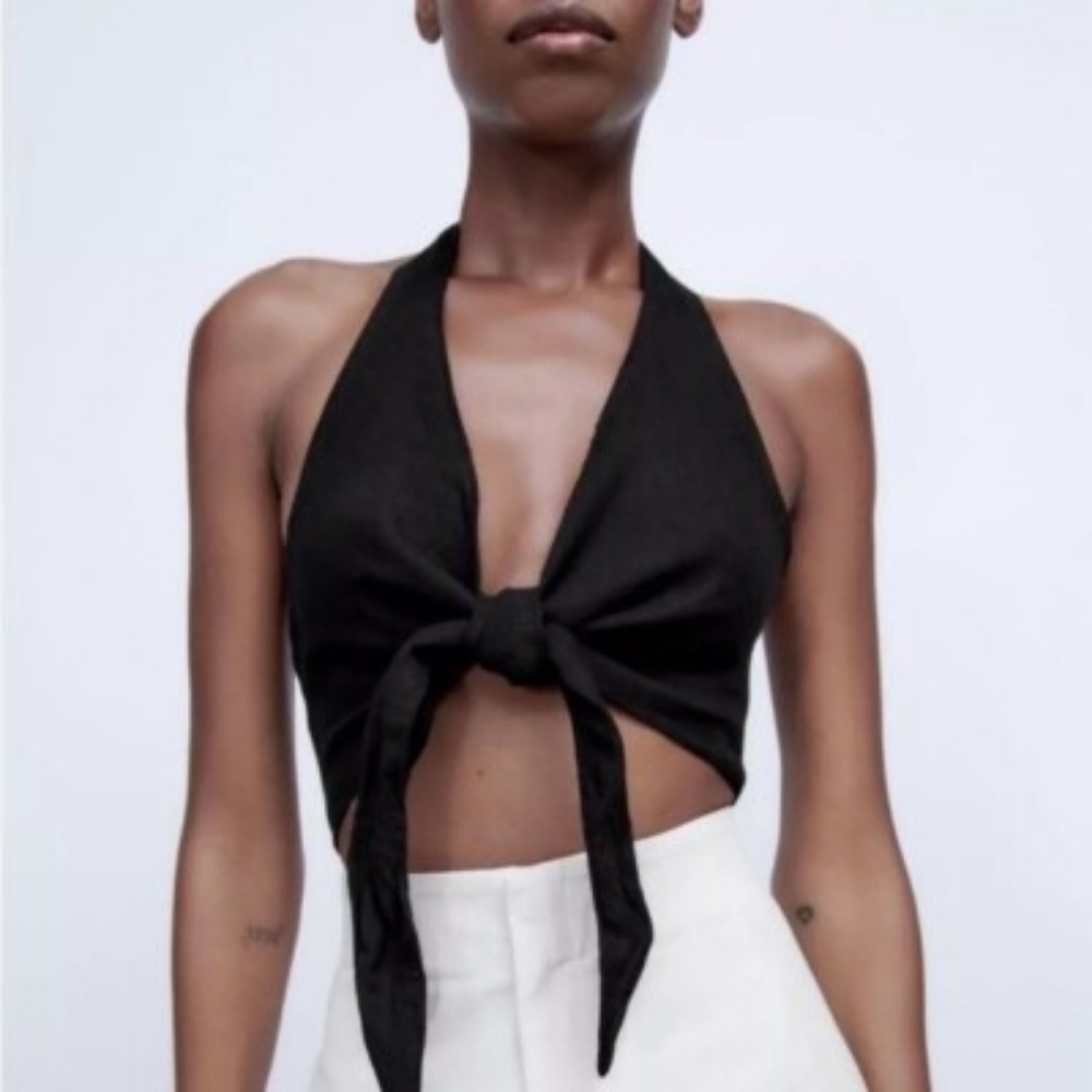 Zara Halter Top Front Tie Black 100% Linen Small‎ NWT